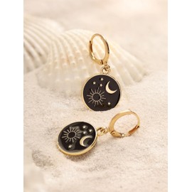 MINACHI Black Enamel Gold Plated Celestial Star Sun Moon Dangle Drop Earrings, Vintage Statement Jewelry Gift for Women