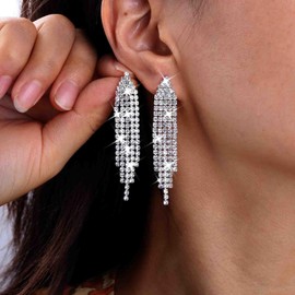 Silver Diamond Earrings Sparkly Rhinestone Earrings Bridal Wedding Earrings Gold Cz Drop Earrings Crystal Dangle Earrings Long Chain Tassel Chandelier Statement Earrings Jewelry for Women