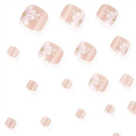 Pink Flower Press on Toenails White French Tip False Toenails Glossy Short Square Acrylic Toe Nails Reusable Full Cover Toe Nails for Women Girls