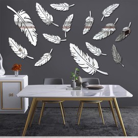 Arawat Mirror Stickers for Walls Home Decor for Living Room 3D Acrylic Feather Family Wall Decor 3D Silver Wall Decor Wall Decorations for Living Room Mirror Wall Decor