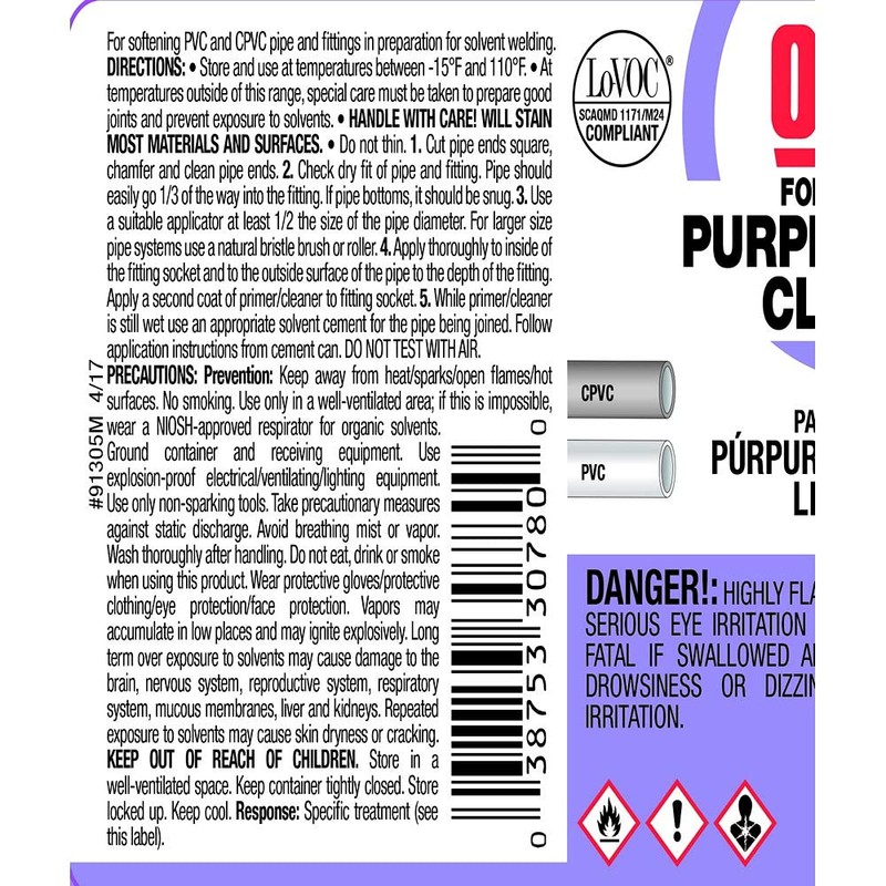 Oatey G30780 PVC Primer, 8800 Series, Purple, 1/4 Pint Can,
