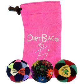 DIRTBAG Lover Footbag 3-Pack with Pouch, Includes Three Original and Unique Premium Quality Hand Sewn Footbags and Carry Pouch. (Multi-Color, Rainbow, Rasta, Pink Pouch)