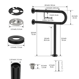 Toilet Support Rail w/Toilet Paper Holder 24x28 Inch, ZUEXT Wall to Floor Matte Black Anti-Slip Handicap Grab Bar for Bathroom, Stainless Steel Safety handrails with Leg for Elderly Disabled Pregnant
