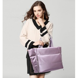 Bagtopia Tote Bag for Women, Large Quilted Puffer Women Tote Bag with Zipper, Lightweight Puffy Shoulder Handbag with Yoga Mat Holder & Crossbody Bag for Travel, Work, Beach, Gym, Shop (Purple)