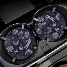 Vintage Wildflowers Insects Car Cup Holder Coaster,Car Coasters for Cup Holder,2 Pack Flowers Butterfly Dragonfly Anti-Slip Absorbent Ceramic Car Cup Coasters for Women Men with Cork Base 2.56"