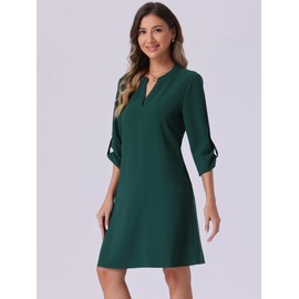 Allegra K Women's Roll Up Sleeve Casual V Neck Shift Dress with Pockets Small Dark Green