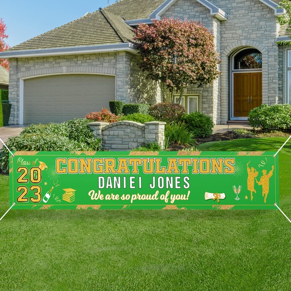 Personalized Graduation Banner Class of 2023, Custom Congratulations Banner for Yard Graduation Decorations, Includes 3 Sets of Alphabet Stickers and 1 roll of ribbon, Orange Gold and White