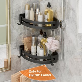 Geobella Adhesive Shower Corner Caddy，2-Pack Heavy Duty Shower Corner Shelves Rack with 8 Hooks and 1 Towel Bar，Rustproof Bathroom Organizer No Drilling Wall Mounted