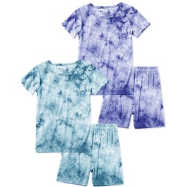 Jimonda Kids Soft Rayon From Bamboo Sleepwear Short Sleeve Boys Girls Pajama Outdoor 4-Piece tops&shorts Casual sets Tie Dye PJ(Blue&Purple,4T)