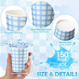 Honeydak 150 Pcs Gingham Paper Drinking Cups 9 oz Checkered Party Disposable Plaid Paper Cups Party Supplies for Wedding Birthday Fiesta Baby Shower Picnic(Blue)