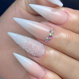 TENPAL Candyfloss Pink-White Ombre & Stardust Glitter False Nails,XXL Stiletto Press on Nails with 3D Ice Crystal Accents,Edgy Sweet Fake Nails Kit with Tools,Liquid Gradient Glue on Nail Art 24pcs