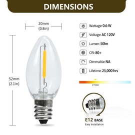YIMILITE 2 Pack C7 0.6W 2700K Featuring Standard E12 LED Bulb Candelabra Base Christmas Village Light Accessory Cord with 2 LED Light Bulb