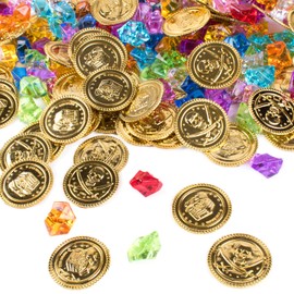 240 Piece Pirate Treasure Set Gems and Plastic Golden Coins Theme Party Favor Pack Decorating Supplies by Handy Basics