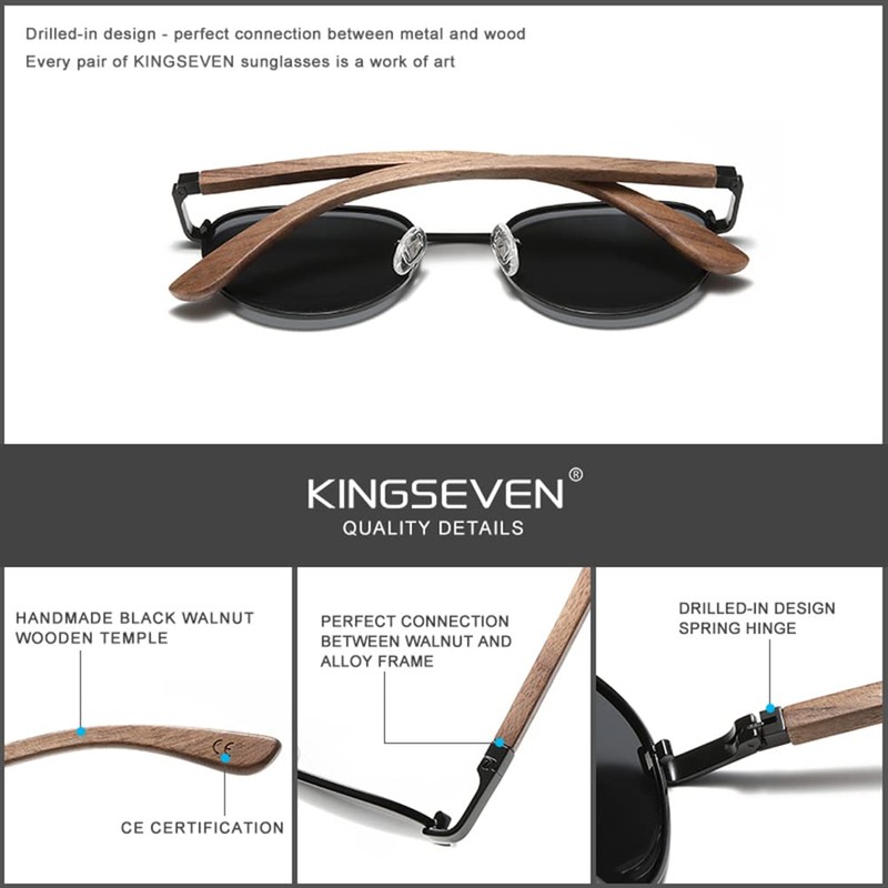 KINGSEVEN Walnut Wood Round Sunglasses Men Women Polarised Mirrored Stylish