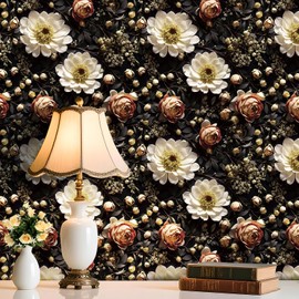 FunStick Black Floral Wallpaper Peel and Stick Vintage Moody Dark Wallpaper for Bedroom Bathroom Pink Rose White Daisy Flower Wall Decor Self Adhesive Floral Contact Paper for Walls Cabinets 17.5x118