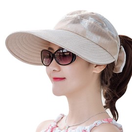 Visor Damen Sonnenhut mit Schirm Sonnenvisor Faltbare Schirmmütze UPF 50+ Strandvisor Outdoor Sonnenmütze mit Blumen Schleife Sommerhut Beige Damenvisor Sommer Visier Hut für Freizeit Reise Sport