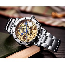 Luxury Women's Automatic-self-wind Watch Ladies Fashion Full Steel Band Skeleton Waterproof Mechanical Women Wrist Watch (Silver gold)