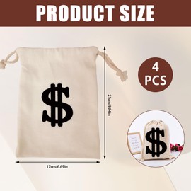 Pack of 4 Money Bags with Dollar Sign 17 x 25 cm Coin Bag Bank Money Bag with Drawstring Dollar Sign Fabric Bag, Reusable Gift Bags, for Scavenger Hunts Stage Performances, White, briefcase