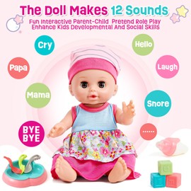 Golray 12in Girl Baby Doll Crib and High Chair Set - Sound&Pee Interactive Baby Doll with 20pcs Accessories Diaper Bag/Cradle/2 Clothes, Feeding Nursery Pretend Play Toddler Girl Toy Gift 3 4 5 6 Year