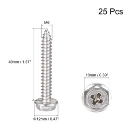 sourcing map Phillips Hex Washer Self Tapping Screws, M6 x 40mm 304 Stainless Steel Hex Flange Sheet Metal Screw 25pcs