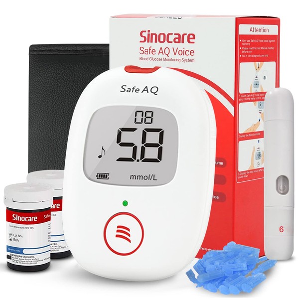 sinocare Blood Sugar Monitor, Diabetes Testing Kit with Voice Reminder and Light Warning Blood Glucose Monitor with Test Strips x 50 and Lancets x 50 & Case, Safe AQ Voice Glucometer -in mmol/L