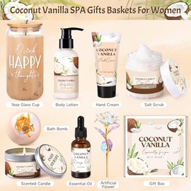 Canastas de regalo de spa para mujeres, set de baño y cuerpo de vainilla y coco para mujeres, regalo de autocuidado de spa en casa, set de baño relaja