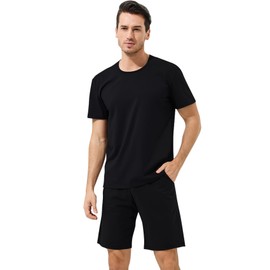 Chalier Cozy Mens Modal Pyjamas Sets Short Sleeve T-Shirts Tops Bottoms Casual Comfortable Nightwear Summer Loungewear for Men Soft Sleepwear Pjs Sets with Pockets（Black-L）