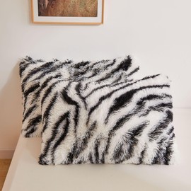 XeGe Zebra Print Faux Fur Fluffy Pillowcases, Plush Shaggy Soft Long Pillow Covers, Fuzzy Striped Pillow Cases, Furry Pillow Shams for Bed Couch Zipper Closure, 2 Pack(King, Zebra Print Black)