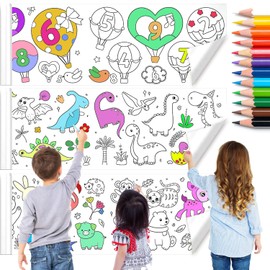 Pack of 3 Cuttable Drawing Roll for Children, Drawing Roll, DIY Painting, Colourful Filled Painting Paper, Children, 30 x 300 cm, Sticky Drawing Art Paper, Stickable with 12 Colouring Pencils for Boys