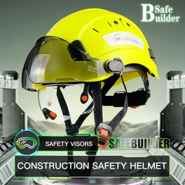 SAFEBUILDER Safety Helmet Hard Hat with Visor Clear & Tinted Adjustable Vented ABS Work Helmet 6-Point Suspension ANSI Z89.1 Approved for Industrial (Fluorescent Yellow Hat with Clear & Tinted Visor)