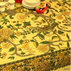 Sweet Us Tree of Life Tablecloth for Square Tables, Cotton Floral Kitchen Dining Table Cloth, Linen Beige Yellow, Table Cover for Indoors and Outdoors 72x72 inches Square