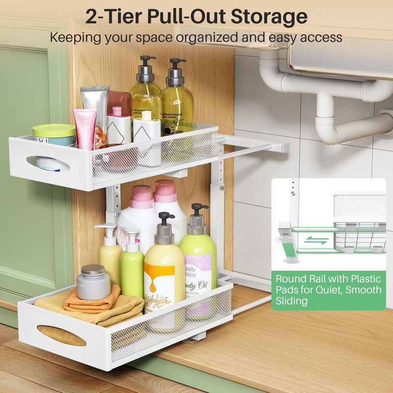 Under Sink Organizer, 2 Tier Pull out Cabinet Organizer Baskets