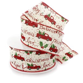 Ribbon Traditions Holiday Red Truck Cream Wired Ribbon 2 1/2" by 25 Yards