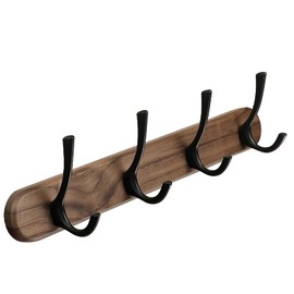 Nolbiph Coat Rack Wall Mount Wooden Hat Rack for Wall Hooks Dark Walnut Real Wood Plank 15.75" Coat Hanger with 4 Dual Hooks for Hanging Coat Hat Jacket