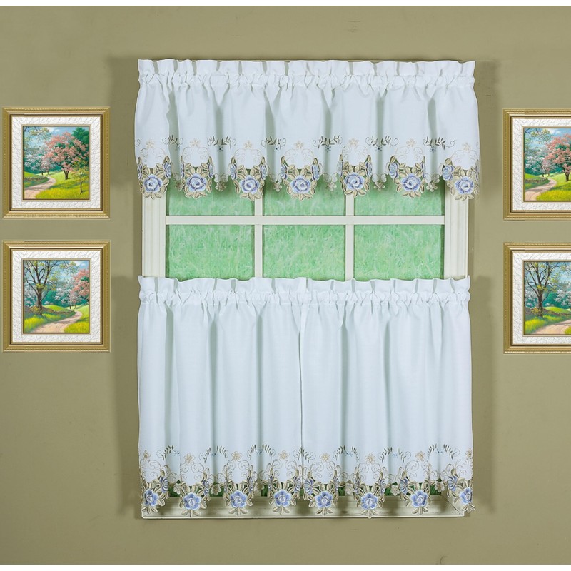 Today's Curtain Verona Reverse Embroidery Valance, 14", White/Blue