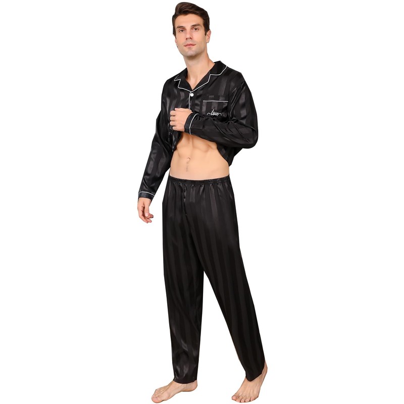 RuanMM Mens Satin Long Sleeve Silky Pajamas Premium Button Down