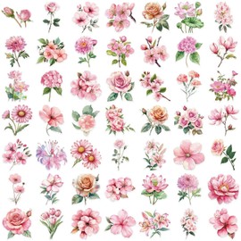 Transparent Flower Stickers for Girls 50Pcs PET Nature Plant Stickers Clear Flower Decals for Journaling Scrapbooking Water Bottle