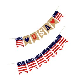 NOLITOY 2 Pcs Party Hanging Bunting Love Theme Bunting Party Pull Flag USA Patriotic Bunting American Independence Day Banner Burlap