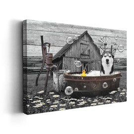 Kasluolo Funny Husky Dog Wall Art Farmhouse Bathroom Decor Wall Pictures Cute Husky Sitting in Bathtub Canvas Print Painting Rustic Animals Wall Décor for Bathroom Framed Artwork 16x24 inch