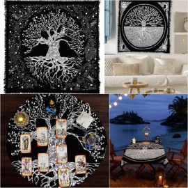 Indian Consigners Spiritual Tablecloth – White Tree of Life Cotton Altar Cover for Tarot, Pagan, and Witchy Rituals (36” Square)