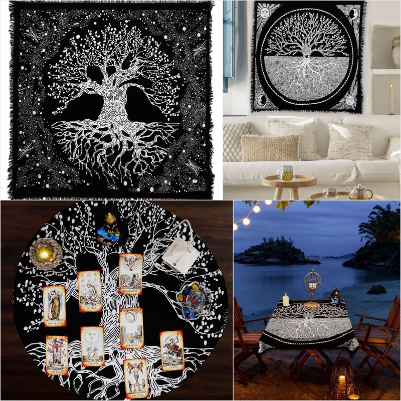 Indian Consigners Spiritual Tablecloth – White Tree of Life Cotton