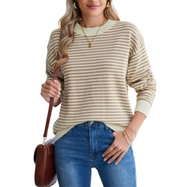 Famulily Women's Striped Round Neck Sweater Pullover Tops Long Sleeve Color Block Loose Jumper Sweatshirt (L, Khaki)