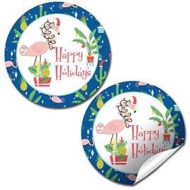 Flamingo Tropical Holiday Theme 40 Thank You Sticker Labels, 2" Circle, Kids Stationery Set, Santa Hat Christmas Lights Design for Envelope Seals and Goodie Bags, Made in USA by Amanda Creation