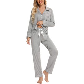 Senert Women Pajama Sets Long Sleeve Tops and Pants PJ Sets Loungewear Sleepwear Button Down Pajama Sets for Ladies Light Grey,Large