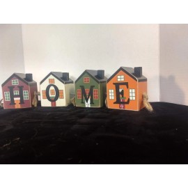 Harvest House Decor 4 Wooden Block Homes rope together Brand New Very Cute