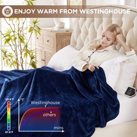 Westinghouse Heated Blanket Full Size, Electric Heating Blanket with 10 Heating Levels, 1-12 Hours Auto Shut Off, Fast Heating Warming Blanket, Machine Washable (Full, 72x84 Inches, Navy Blue)