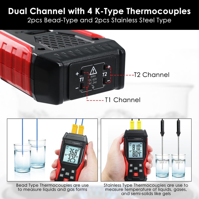 AOOFCMLLC Thermocouple Thermometer, Digital Dual Channels Thermocouple with 4 K-Type