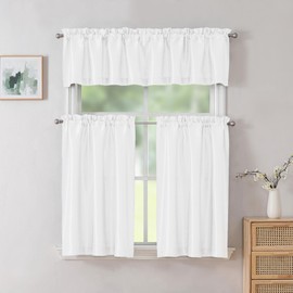 Chyhomenyc Uptown 2 PCS White Tier Curtains 24 inch Length, Faux Silk Slub Fabric Lightweight Elegant Short Cafe Curtains for Farmhouse Bathroom Bedroom Small Windows, Each 30Wx24L inch