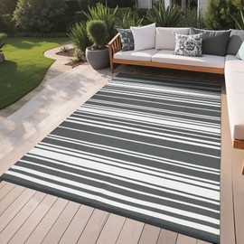 GarveeHome Outdoor Rug Mat for Patio, 8x10 Plastic Straw Rug, Modern Striped Outdoor Camping Rugs for Patio, RV, Porch, Deck, Backyard, Balcony, Camping, Trailer (Grey)