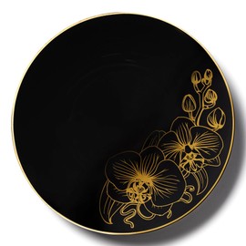 Decorline Orchid Collection Black & Gold Round Plastic Salad Plates - 7.5" (Pack of 10) | Perfect for Parties, Weddings, and Celebrations